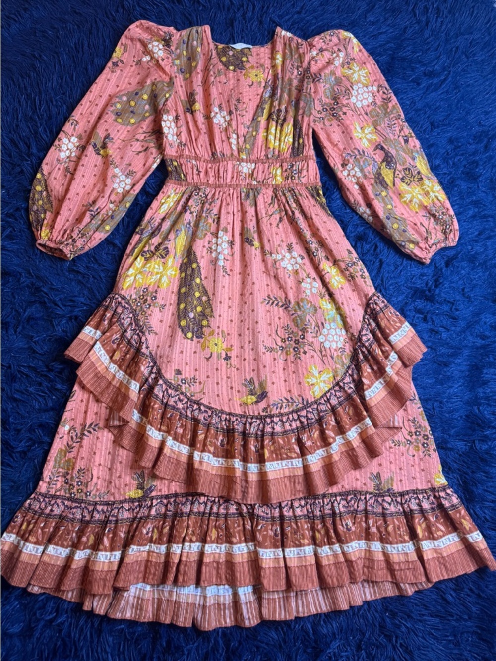 Ulla johnson portia Floral Print Long Sleeve Ruffle Midi Dress. Size